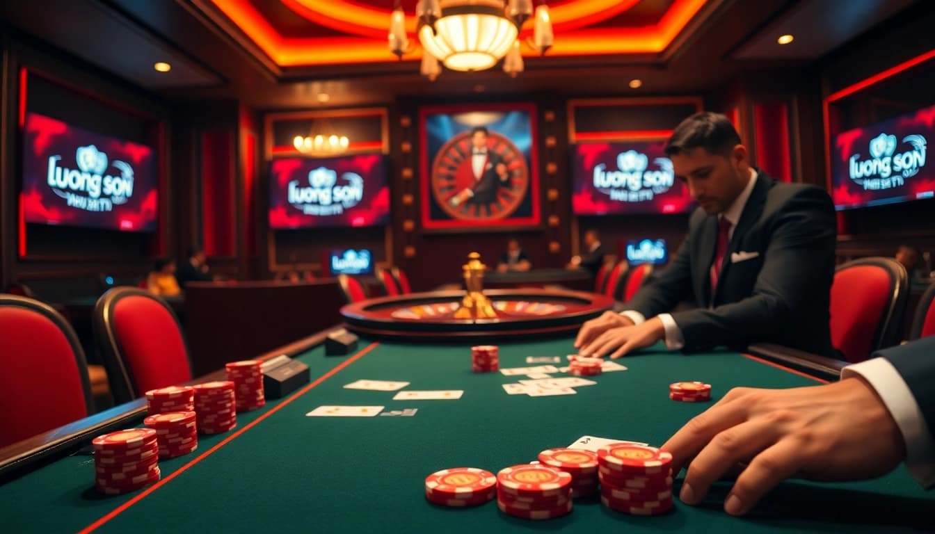 Engage with luong son tv while playing poker at a luxurious casino, complete with vibrant chips and cards.