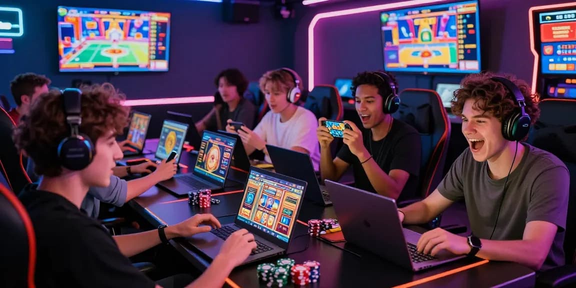 Pemain terlibat dalam permainan slot online kudaliar89 di lounge gaming modern, menunjukkan kegembiraan dan interaksi.