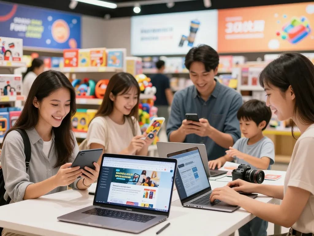 Exciting shopping experience at https://hubet88.icu/ with diverse shoppers exploring colorful merchandise.