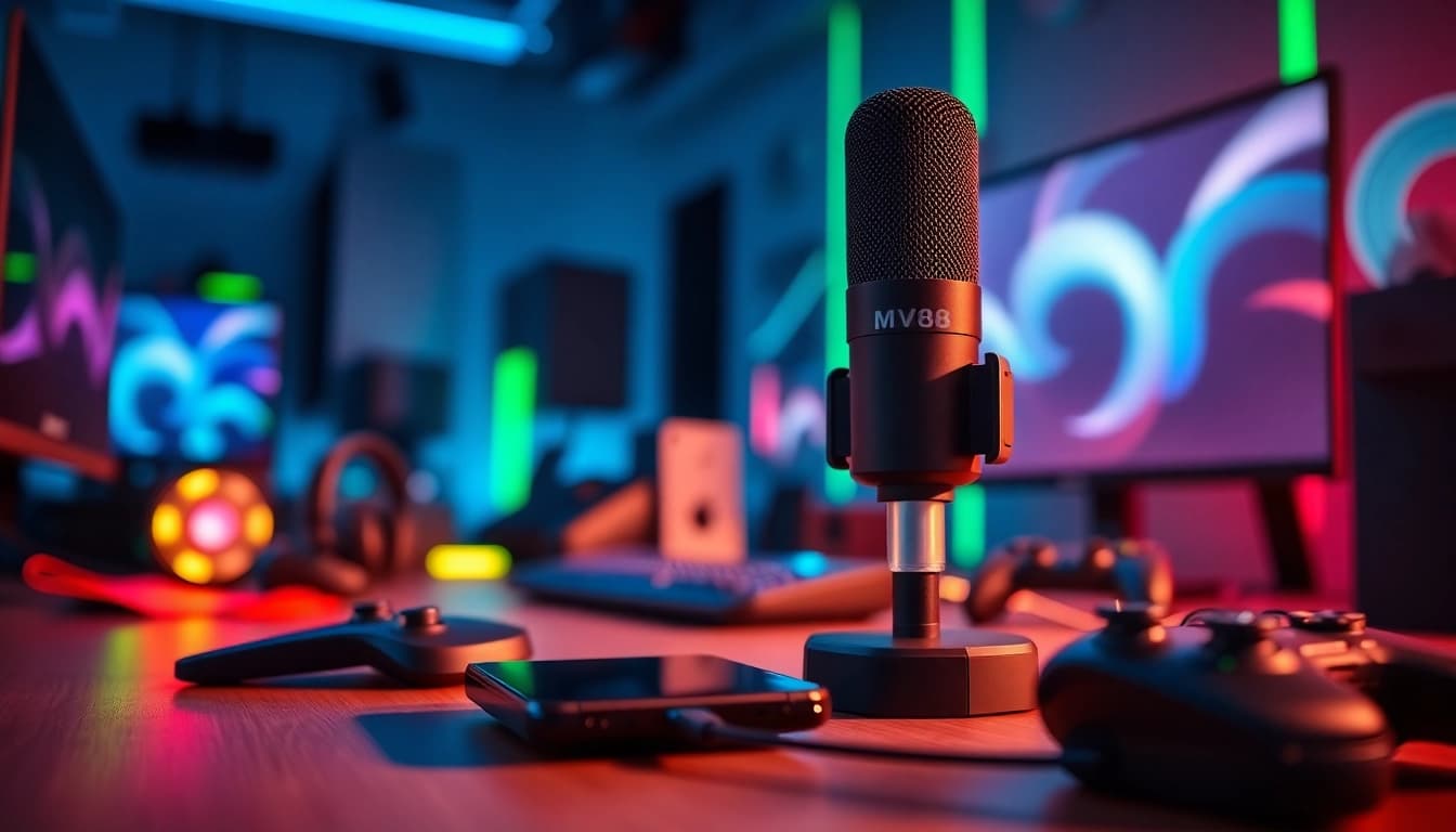 MV88 microphone featured in a modern gaming setup with vibrant LED lights and an iPhone.