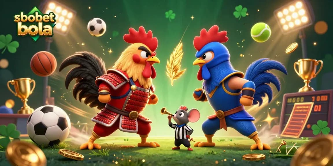 Experience sbobet bola action with dynamic roosters and sports elements in this 3D illustration.