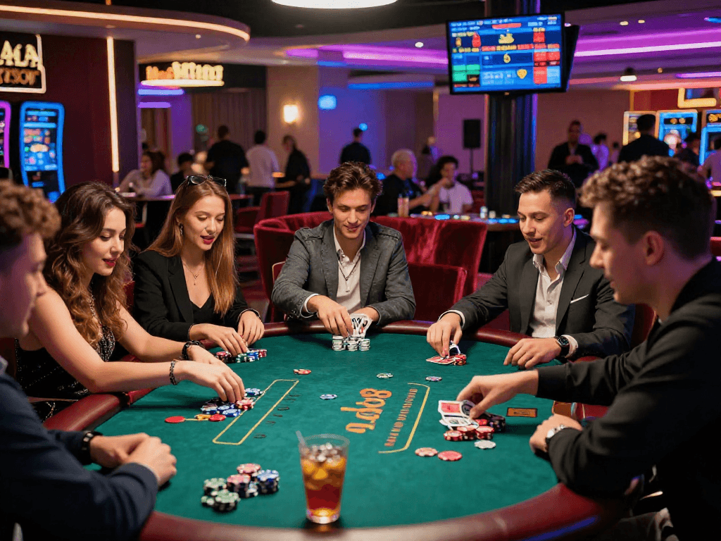 Friends enjoying rokok88 poker game in a lively casino setting with vibrant atmosphere.