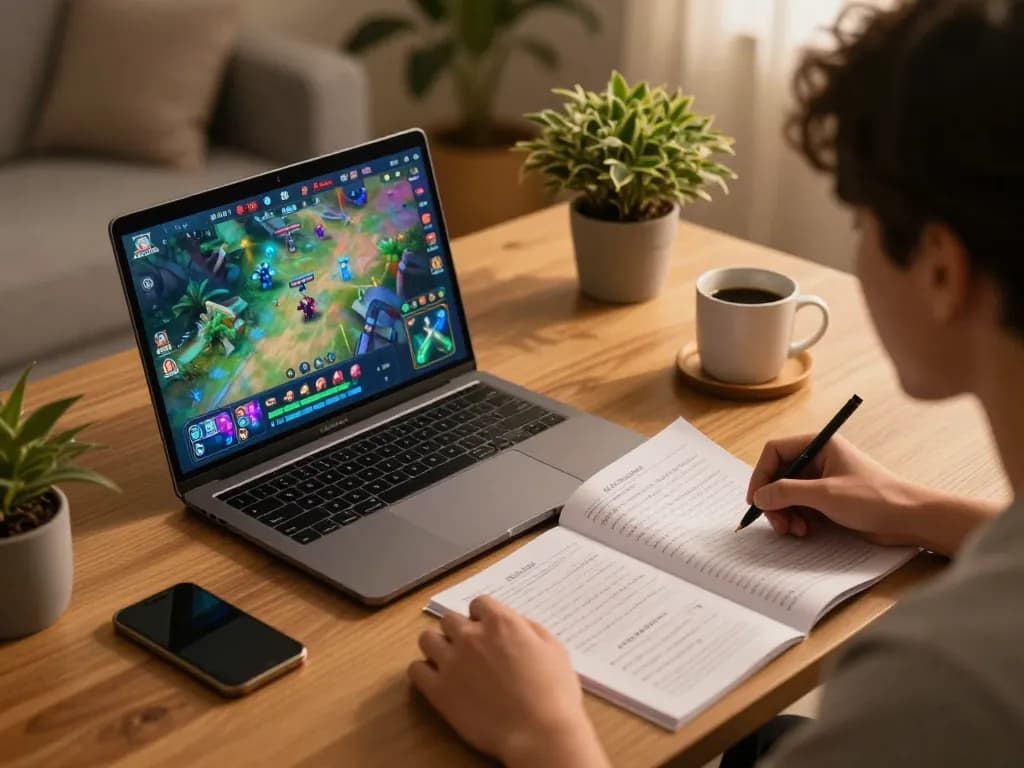 Player enjoying an online gtatogel session with strategy notes in a cozy home environment.