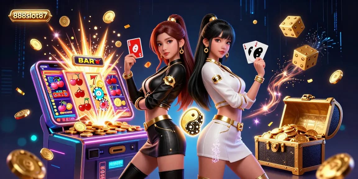 Experience the thrill of 888slot87 with stunning visuals of players engaging with dynamic slot games and casino elements.