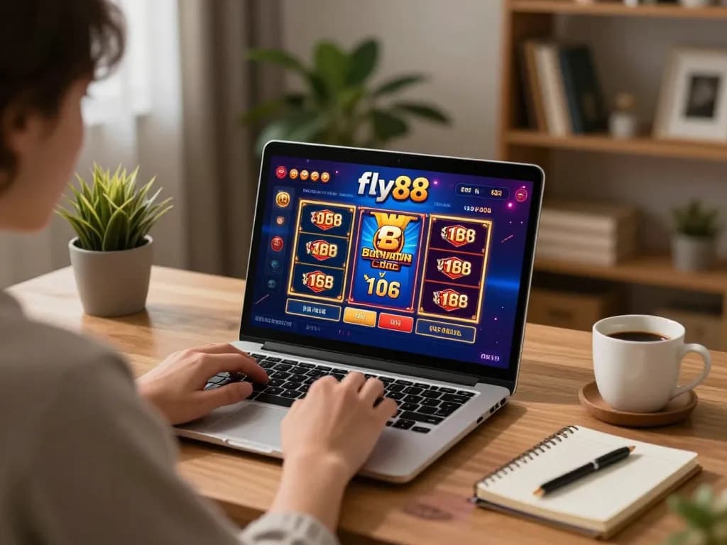 Engaging online gaming experience at fly88 with a player analyzing strategies on a laptop