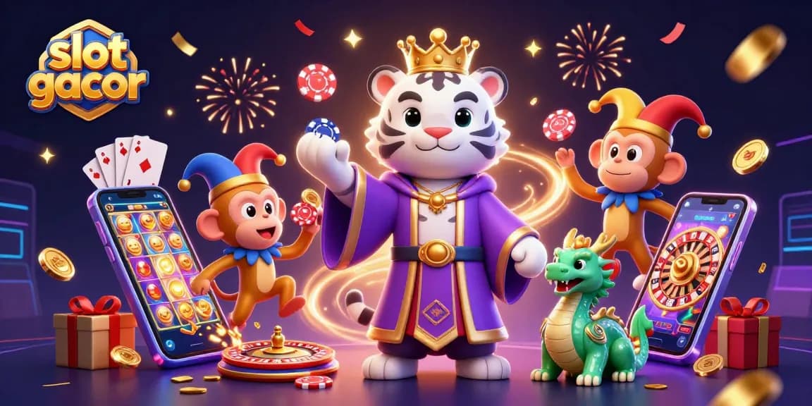 Experience slot gacor excitement with a tiger, monkey, and dragon amidst vibrant casino elements.