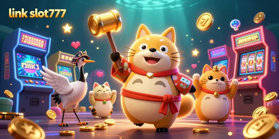 Mengakses link slot777 dengan karakter 3D lucu di festival Jepang dan mesin slot penuh keberuntungan.
