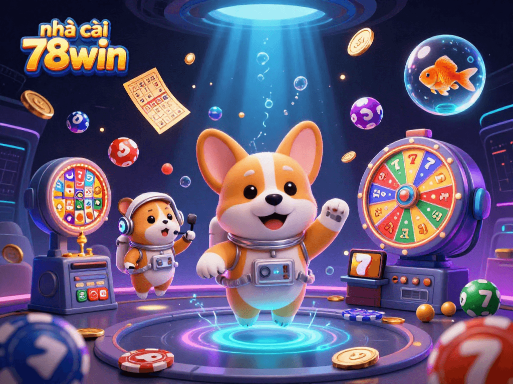 Engage with nhà cái 78win in this vibrant 3D casino scene with floating lottery balls and dynamic gaming elements.