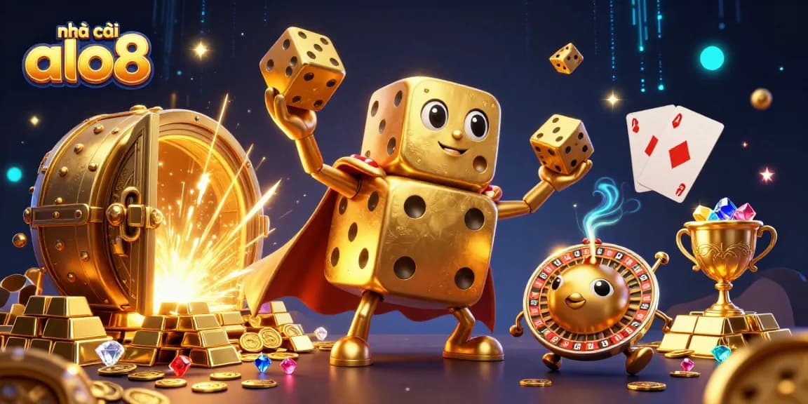 Experience the excitement at nhà cái alo8 with golden dice and dazzling treasures in 3D casino art.