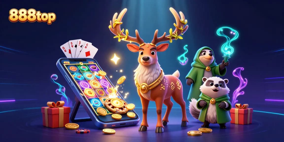 Experience the thrill of 888top's vibrant casino gaming with a dynamic illustration of enchanting characters and game elements.