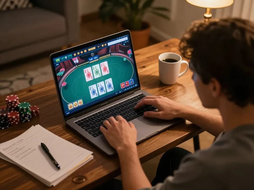 Person engaging in an online poker game at home with vt88 interface visible on laptop screen.