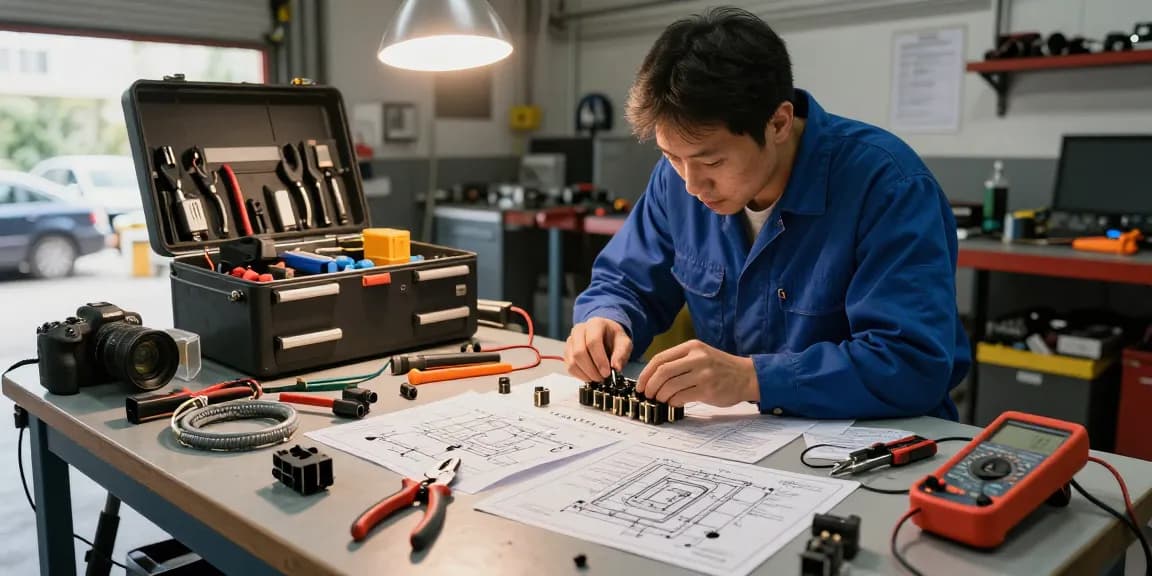 Technician inspecting automotive connectors at a workshop, highlighting precise automotive connector solutions.