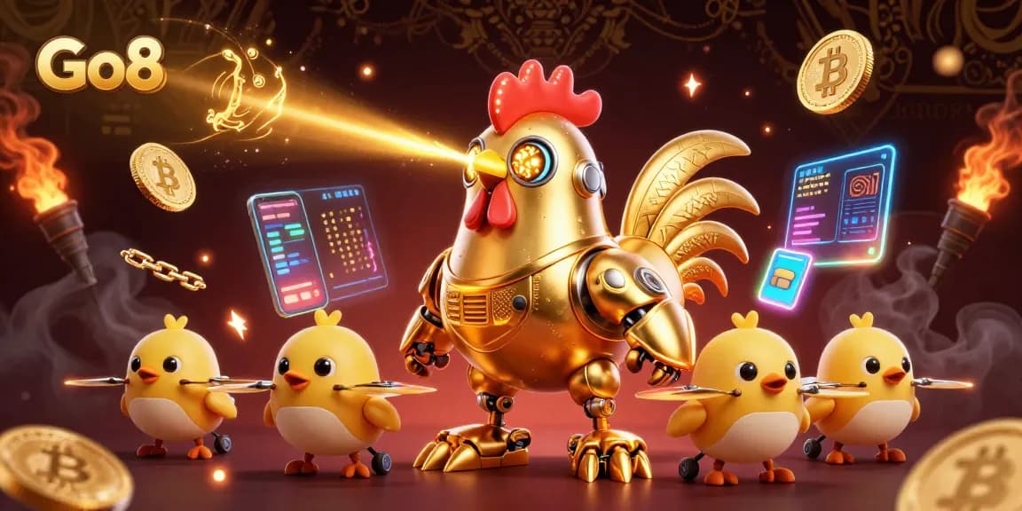 Engage in thrilling action at Go8 with a golden rooster robot and cryptocurrency elements!