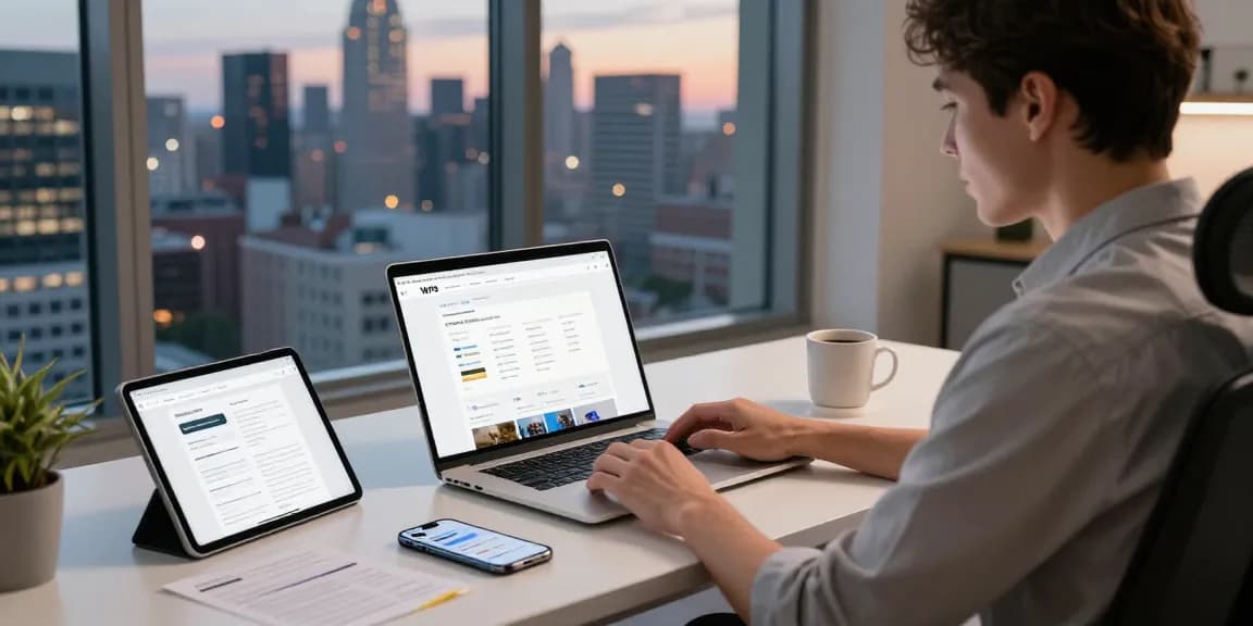 Professional navigating the WPS Official Website in a modern workspace with city skyline view.