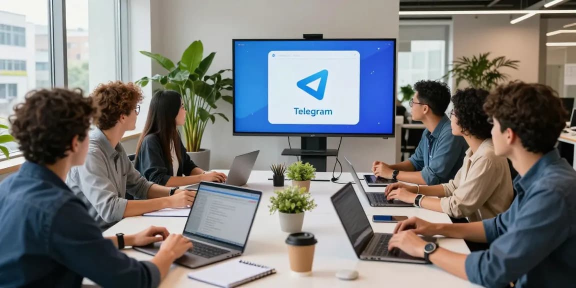 Dynamic co-working space collaboration featuring telegram官网 integration in a presentation.