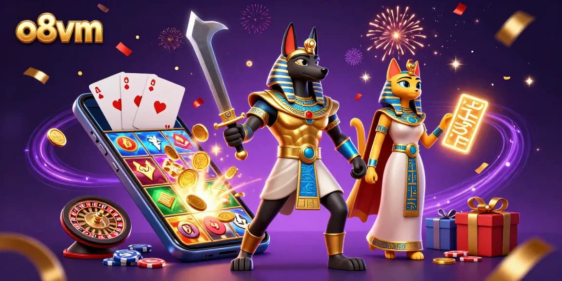 Engage with thrilling games at o8vm featuring an Anubis warrior with animated slot action.