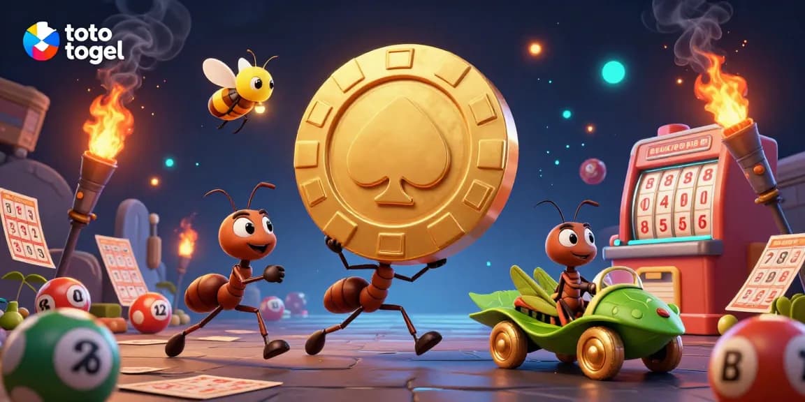Engage in thrilling toto togel action as cartoon ants heist a giant poker chip in a dynamic lottery scene.