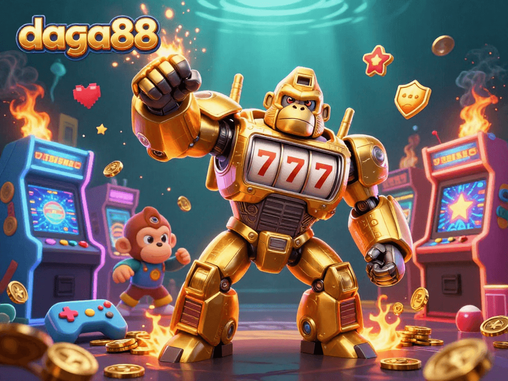 Experience thrilling gameplay at daga88 with the dynamic golden gorilla mech and vibrant arcade machines.
