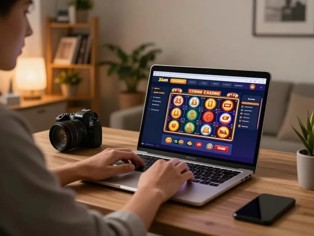 Player engaging with 32win online casino on laptop, enjoying a cozy gaming experience at home.
