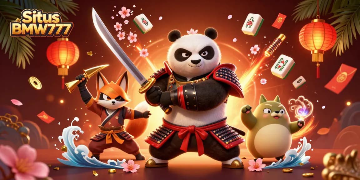 Situs BMW777 showcases vibrant casino art featuring a samurai panda and dynamic gaming elements.