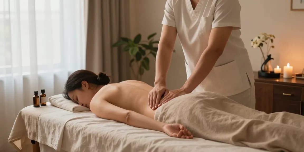 A tranquil 스웨디시 massage scene with a therapist skillfully applying long strokes in a serene spa setting, enhancing relaxation and wellness.