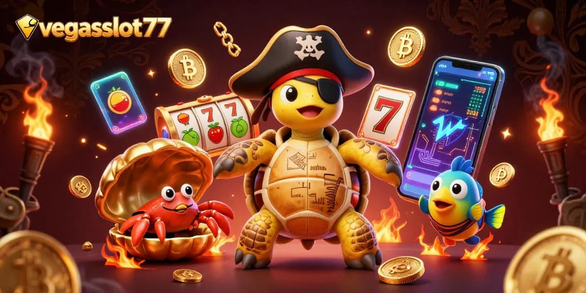 Spin the reels with vegasslot77's vibrant 3D casino illustration featuring pirate-themed characters.