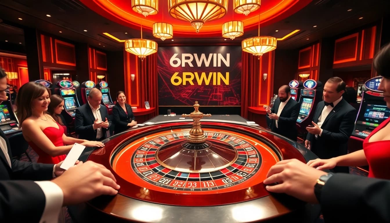 Exciting casino scene featuring roulette at 6RWIN with players and croupiers