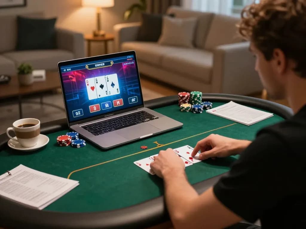 Engaging online poker session at https://56win.bid/ showcasing player strategy and focus in cozy home atmosphere