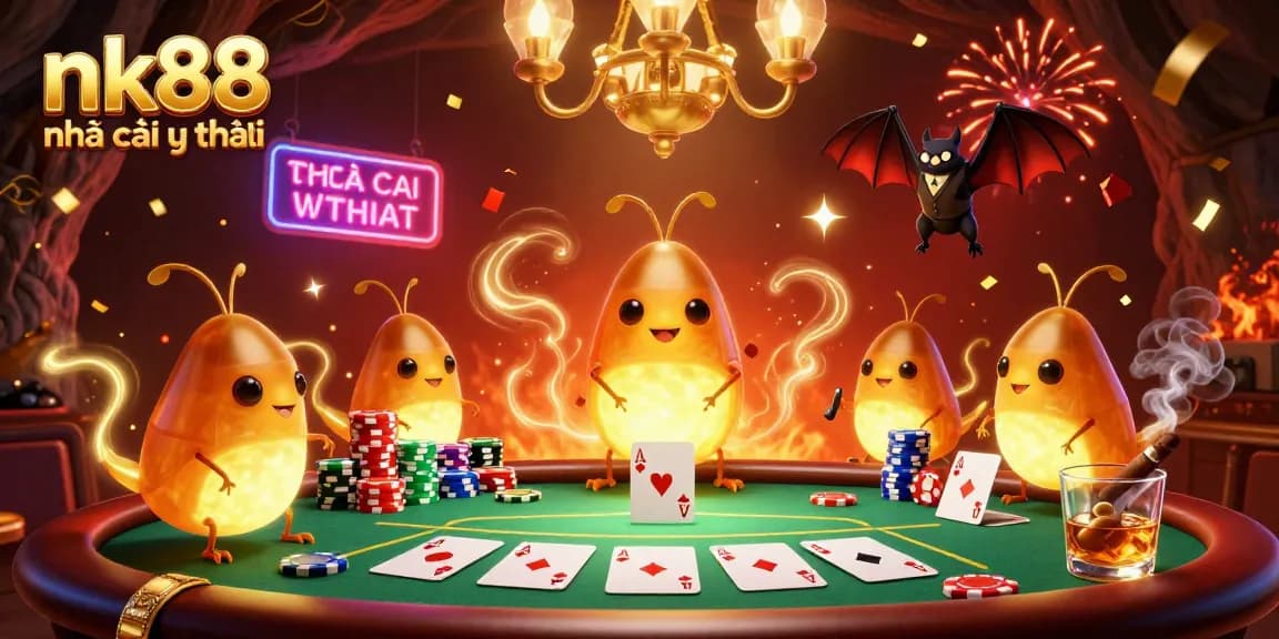 Experience nk88 nhà cái uy tín with dynamic glowworms illuminating a casino scene, showcasing poker excitement.