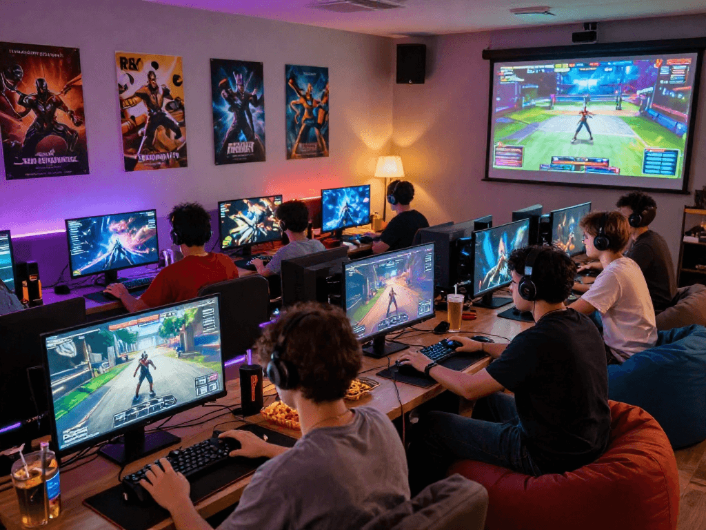 rokok88 gaming lounge with diverse players enjoying popular games, vibrant atmosphere, and engaging community.