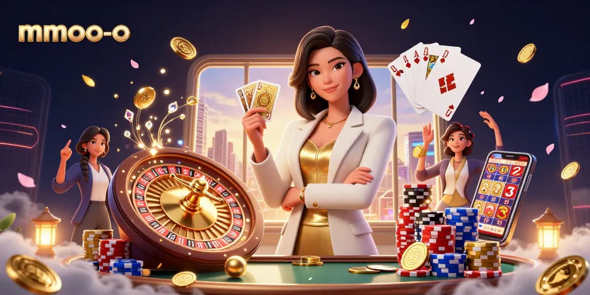 Experience thrilling gaming action at mmoo-o with a powerful businesswoman holding cards amidst cascading coins and shining gems.