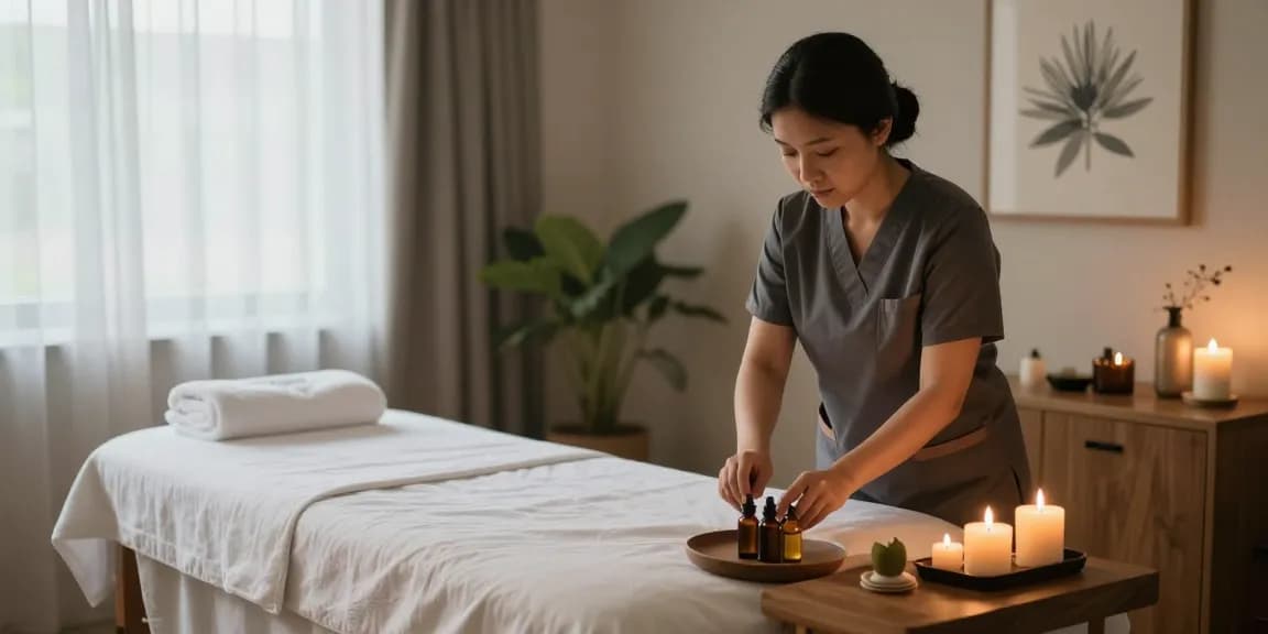 남양주출장안마 service set up in a calming spa room with a massage therapist preparing for a client.