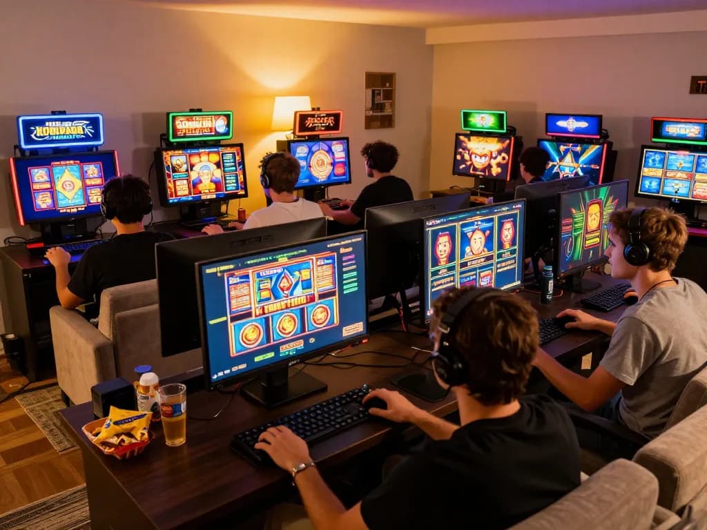 Players enjoying Koinvegas slot games on digital screens in an inviting home atmosphere