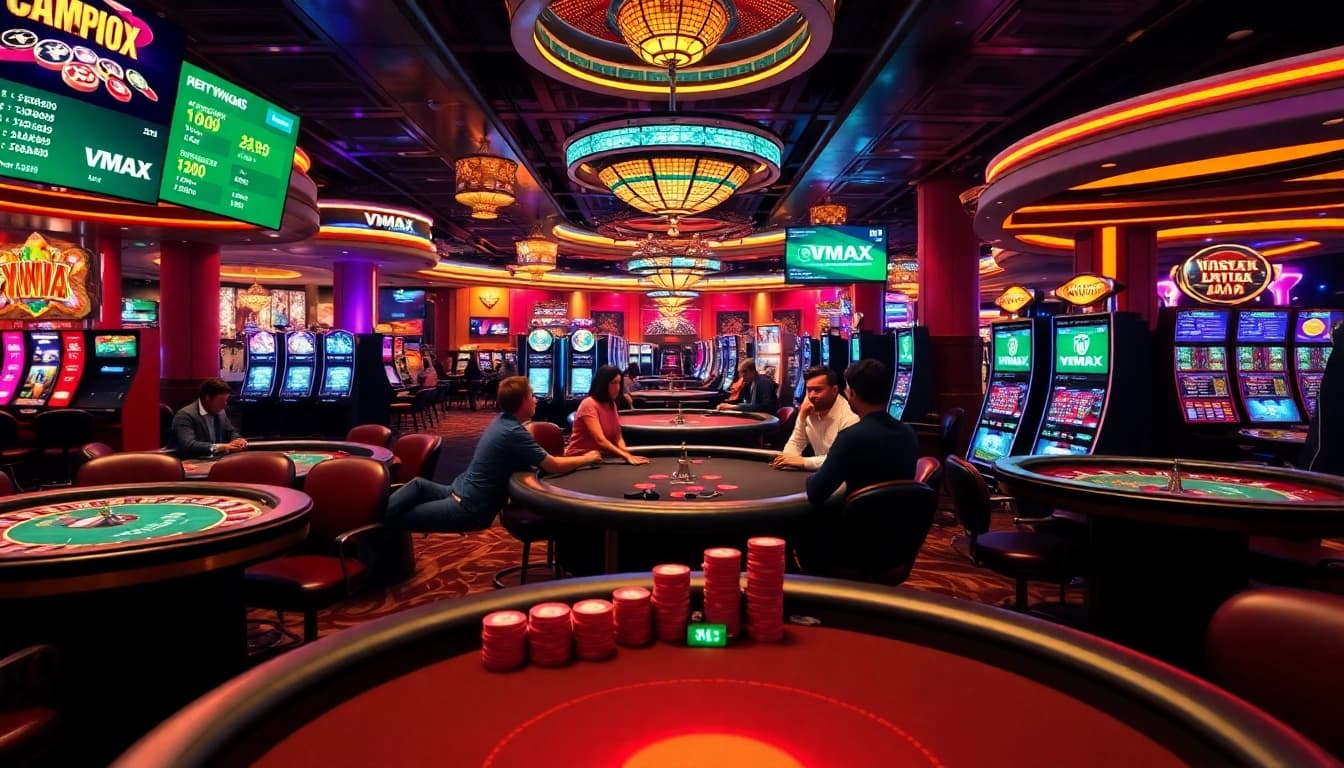 Experience the excitement of VMAX with players at a high-stakes poker table showcasing vibrant casino elements.
