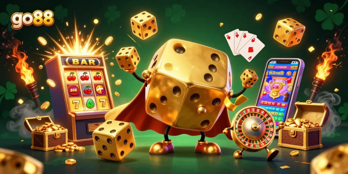 Experience thrilling wins with go 88 in this vibrant casino-themed 3D illustration featuring iconic gaming elements.