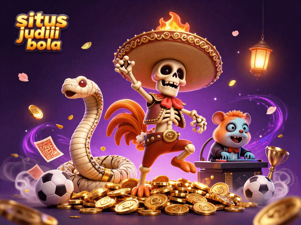 Situs judi bola illustration showcasing lively characters celebrating on a pile of golden coins with sports betting elements.