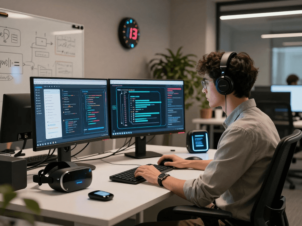 AI engineer programming a sex bot interface in a modern workspace with dual screens and innovative gadgets, showcasing technology.