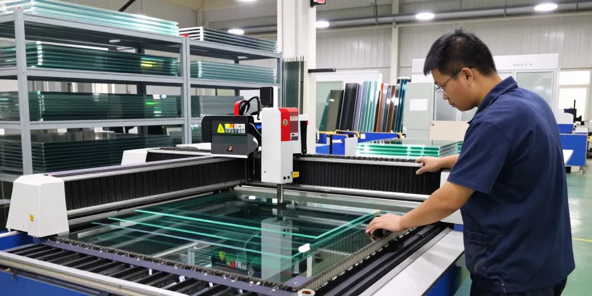 CNC glass cutting machine in action, showcasing advanced technology in glass processing industry.