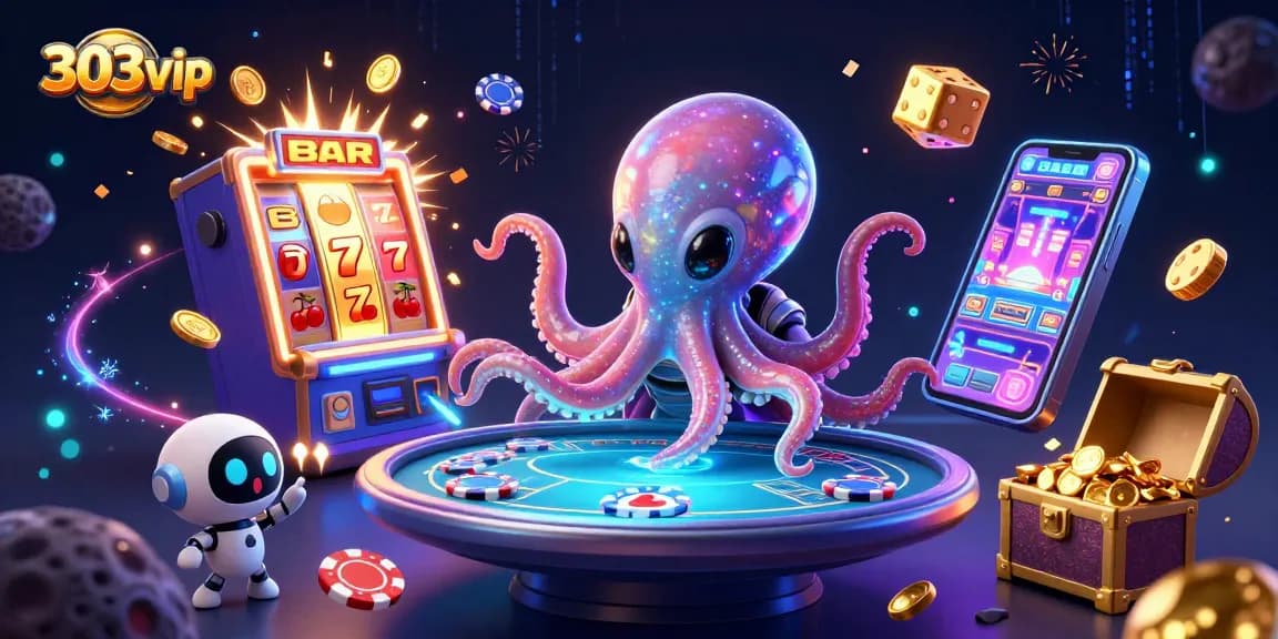 Win big at 303vip with vibrant casino graphics and 3D alien casino theme.