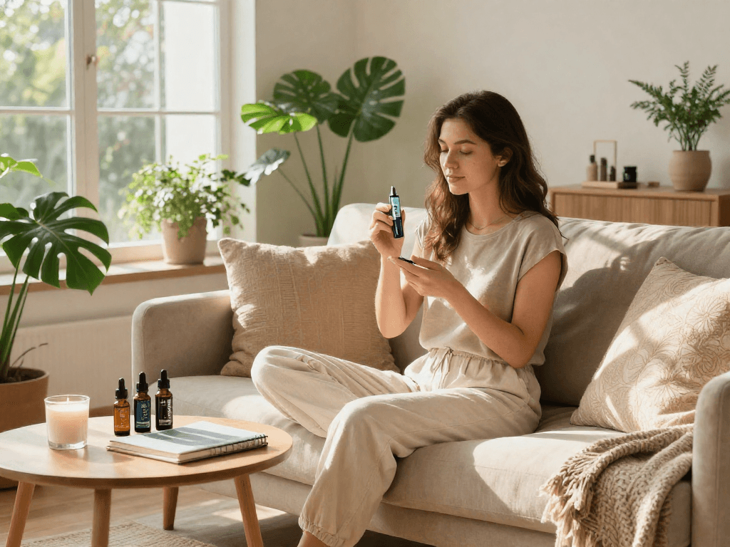 The 10/10 Boys disposable THC vape showcased alongside organic CBD oils, creating a serene natural wellness atmosphere.