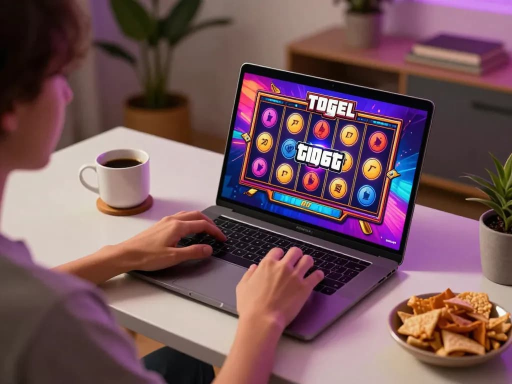 Engaging home gaming scene of a player enjoying Gta Togel slot game on laptop for a relaxed online experience