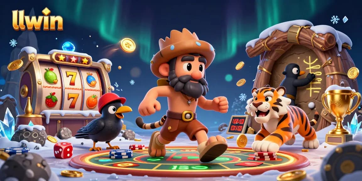 llwin showcases an engaging casino scene featuring a caveman duo, sabertooth tiger, and clever crow with animated slot reels.