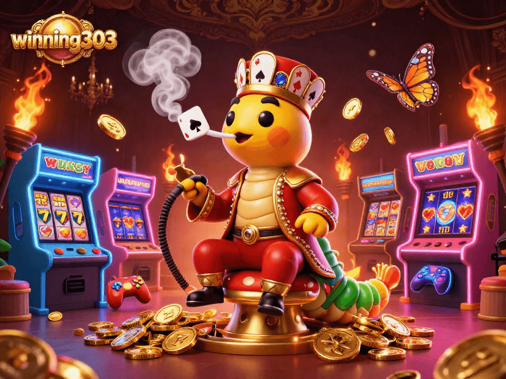 winning303 engages players with a vibrant scene of a cartoon caterpillar hookah-master amidst casino-themed elements.