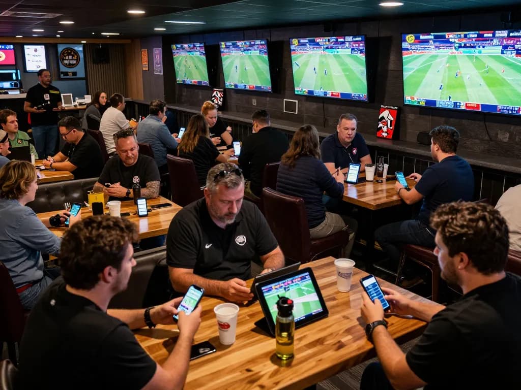 Le migliori azioni dei bookmaker non AAMS intensificano le scommesse sportive sociali, mostrando i clienti che piazzano scommesse con entusiasmo.