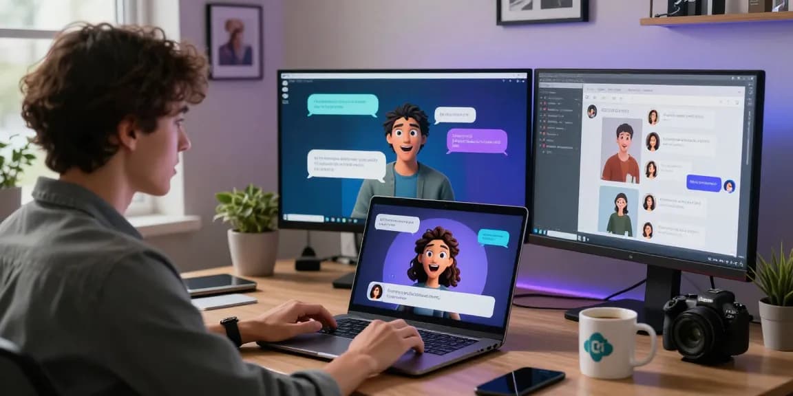 Engaging AI character interaction using crushonai on a sleek laptop in a modern home office.