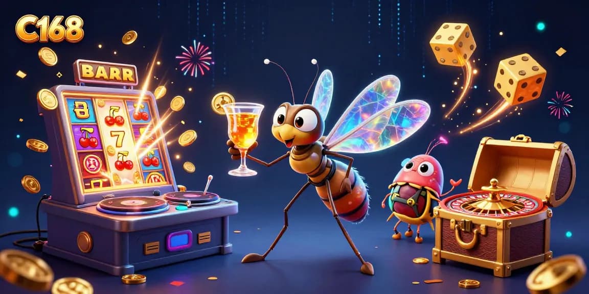 Experience exciting gameplay at C168 with a vibrant scene featuring casino characters and dynamic gaming elements.