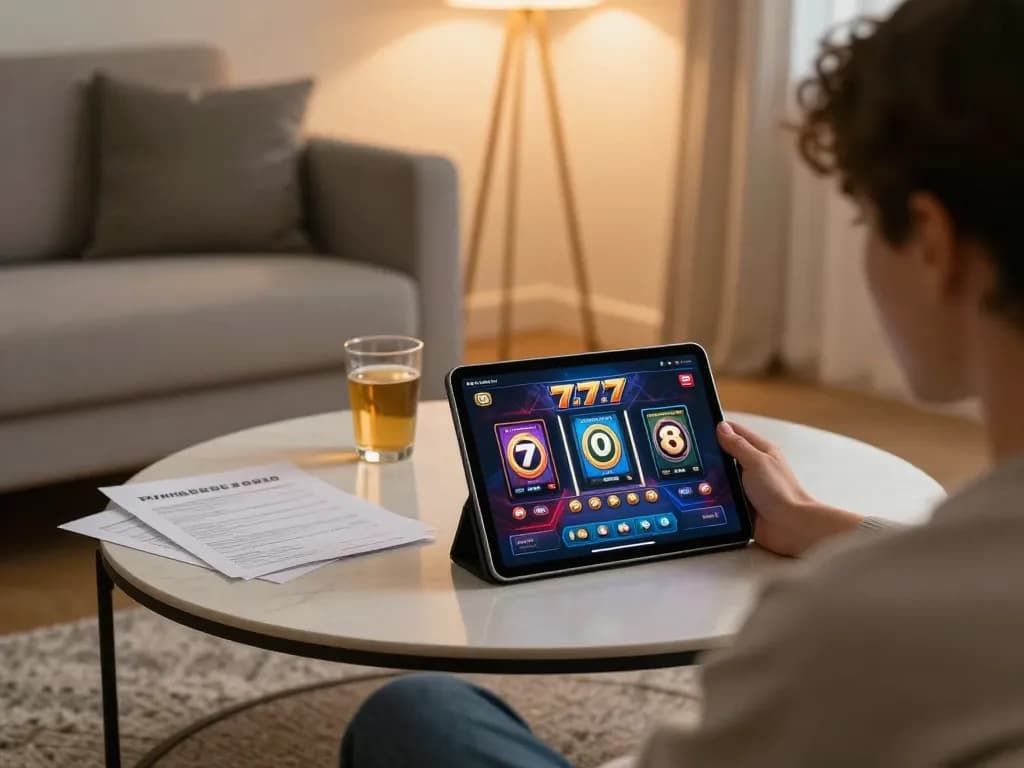 Engaged player exploring slot777 online game interface in a relaxed home setting