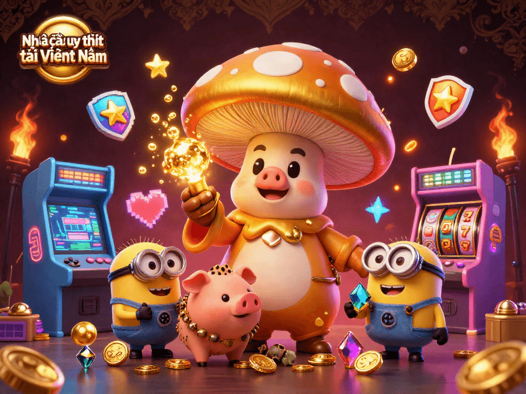 Experience Nhà cái uy tín tại Việt Nam with vibrant 3D casino illustration featuring treasure and game elements.