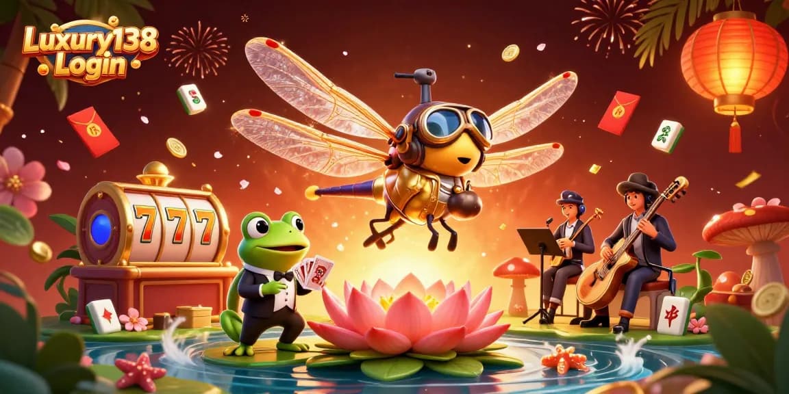 Experience an exciting Luxury138 Login scene with a dragonfly pilot, frog croupier, and jazz musicians in vibrant action.