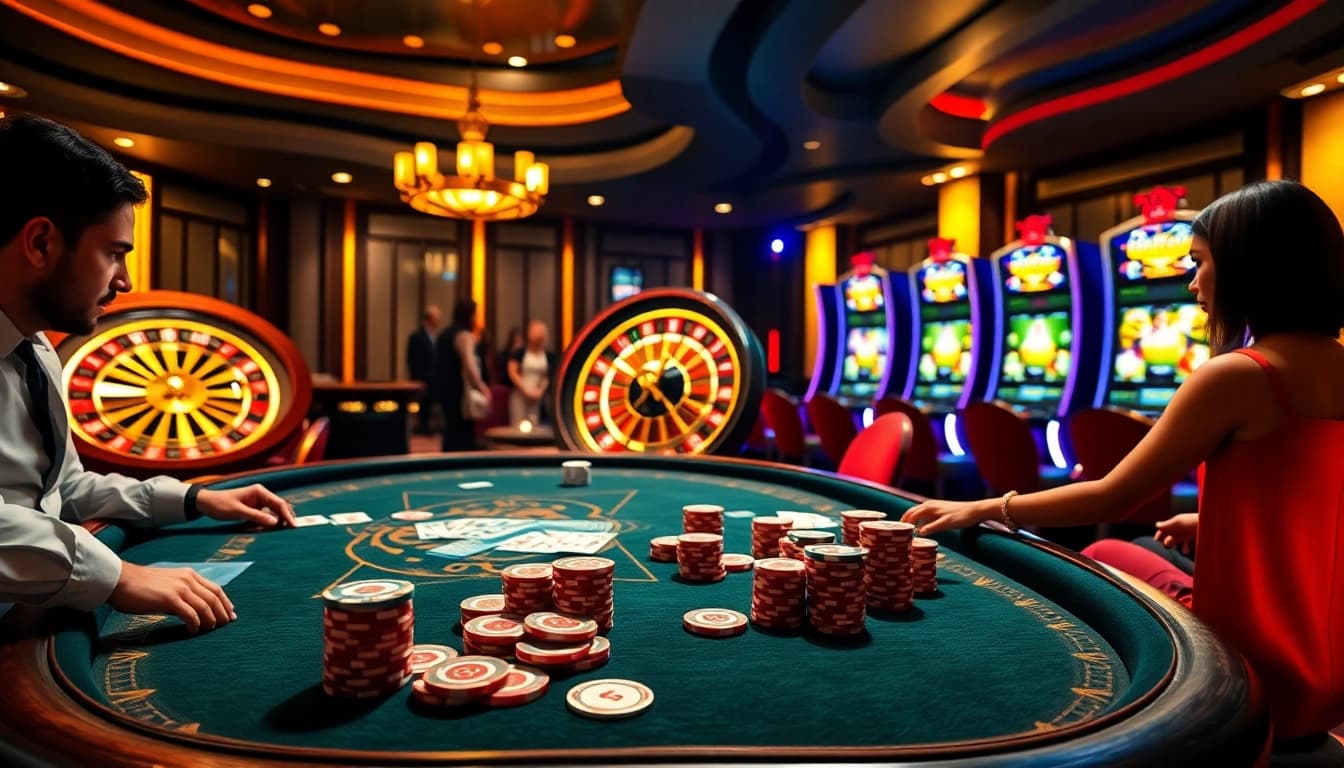 Exciting kp 88 casino poker scene with players, chips, and roulette wheel.
